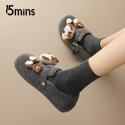 15mins毛绒勃肯鞋女2025冬季新款卡通装饰软底一脚蹬懒人棉鞋外穿 - 图2