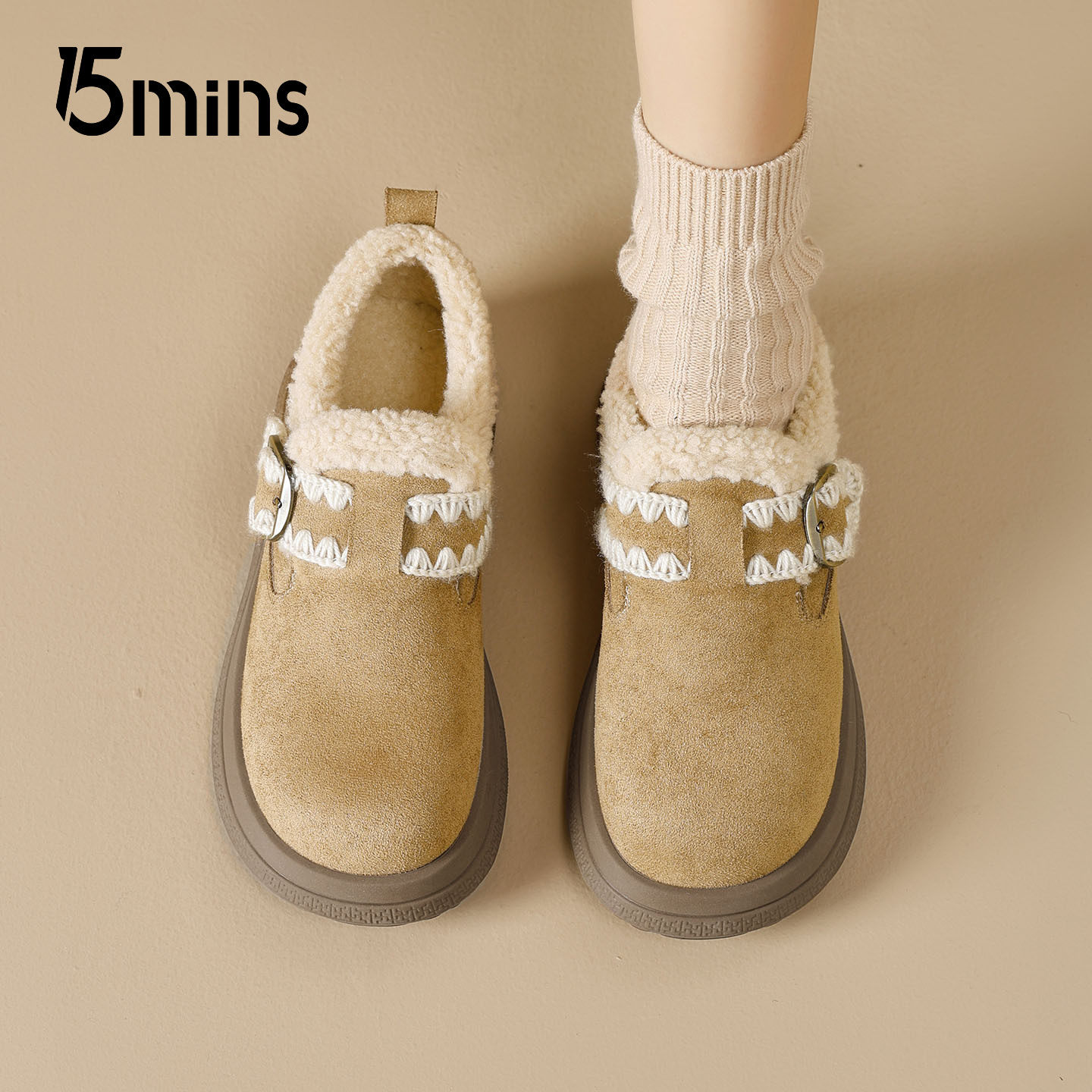 15mins时尚舒适加绒勃肯鞋女2025新款冬季厚底增高雪地靴休闲棉鞋,淘宝优惠券,粉丝福利购,淘宝优惠卷