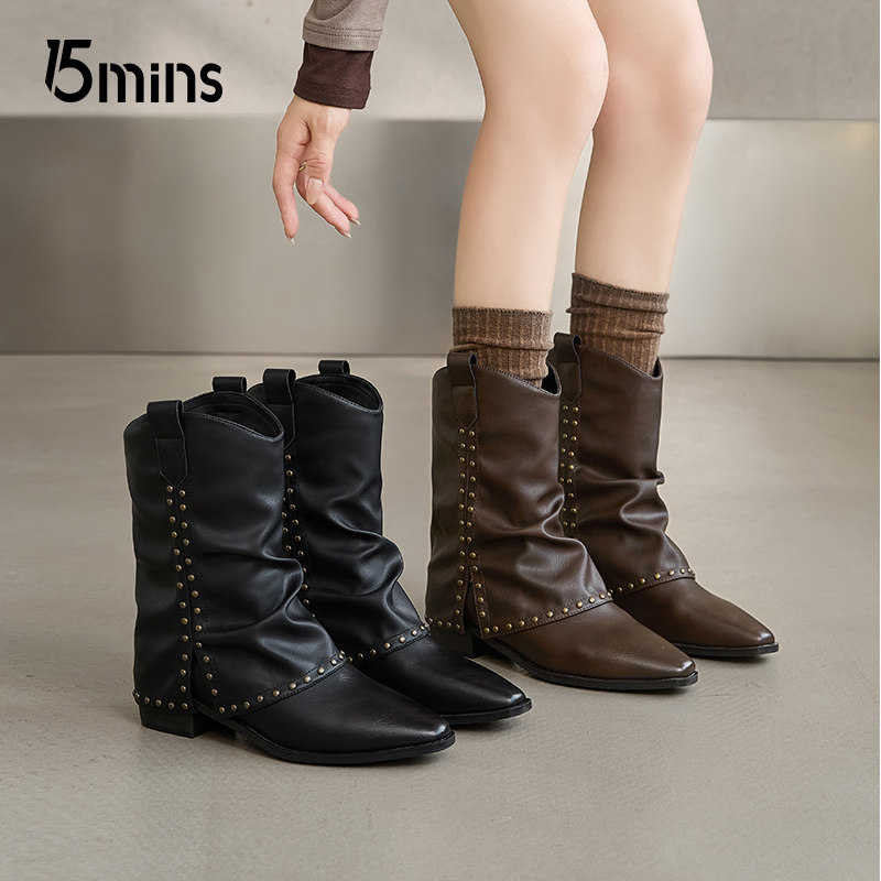 15mins西部牛仔靴中筒靴女2026春季新款裤管靴铆钉高跟尖头堆堆靴,淘宝优惠券,粉丝福利购,淘宝优惠卷