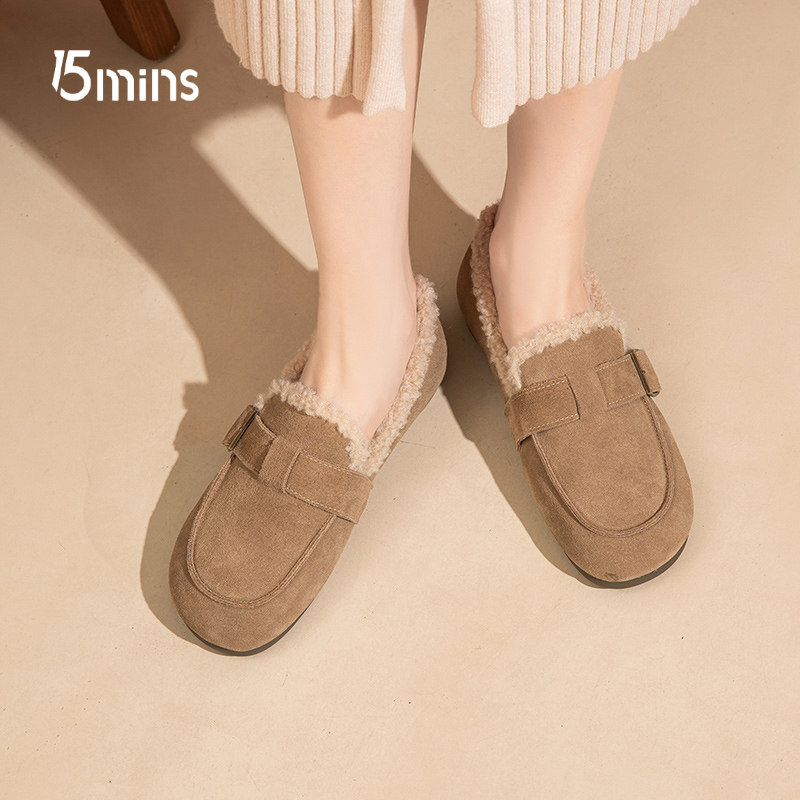 15mins毛毛鞋女秋冬外穿2025年新款加绒加厚保暖棉鞋平底勃肯鞋子