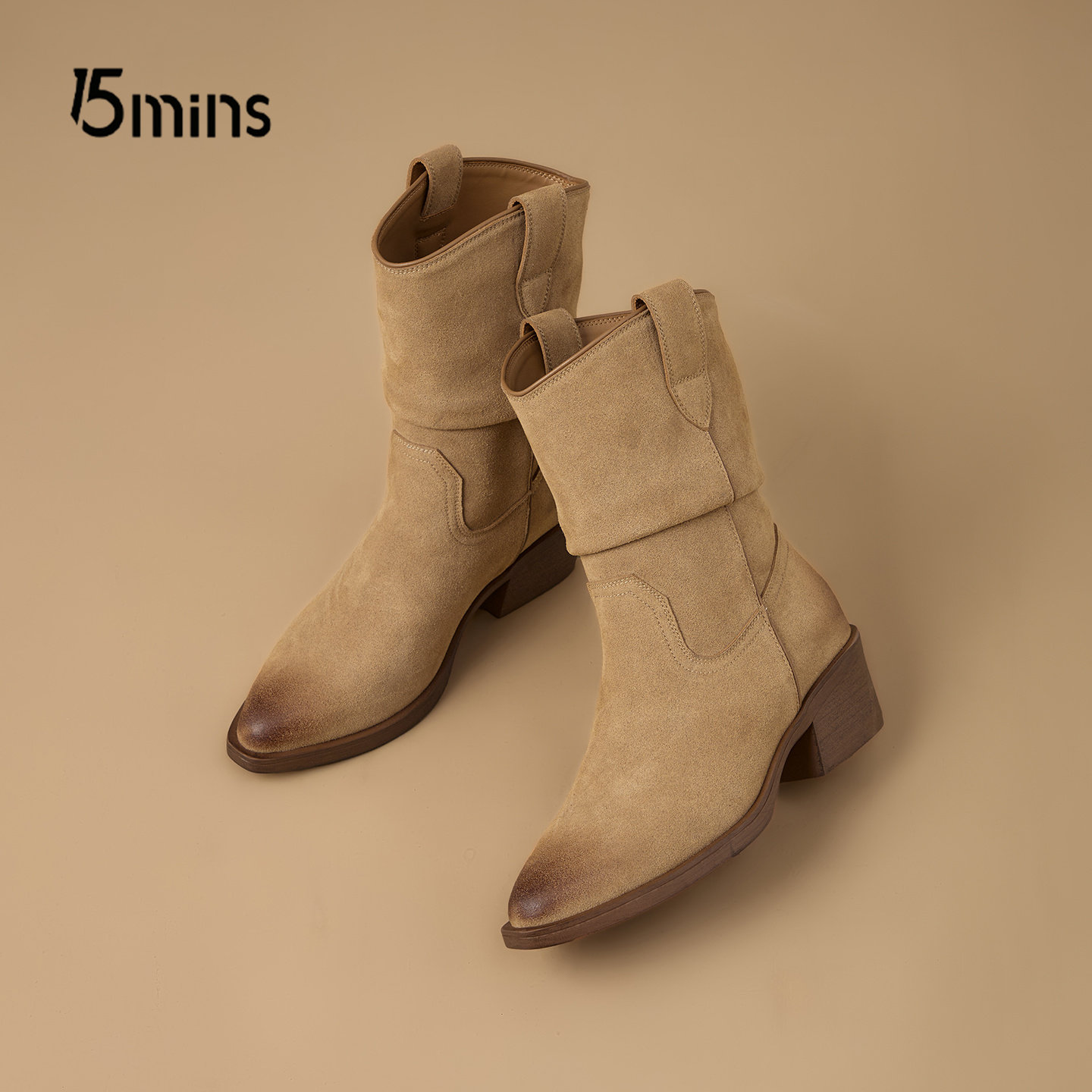 15mins复古尖头堆堆靴女2025新款秋冬加绒褶皱瘦瘦靴美拉德西部靴,淘宝优惠券,粉丝福利购,淘宝优惠卷