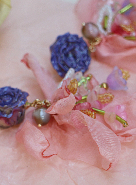 蓝玫瑰真花手工流苏串珠耳钉