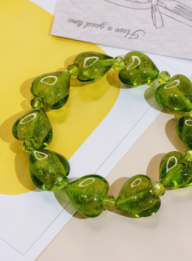重工小众琉璃古董手串爱心绿色手链复古文艺个性串珠配饰女带弹力
