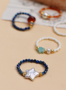 淡水珍珠串珠戒指合集 小众复古捷克珠ins个性食指戒甜酷闺蜜礼物