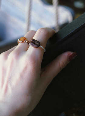 真咖啡豆串珠戒指可调节