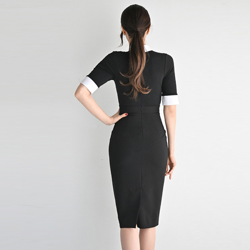 高级感洋气时尚气质包臀裙子2023夏季新款女装黑白撞色短袖连衣裙