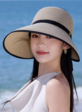 帽子女夏天海边度假风空顶草帽可