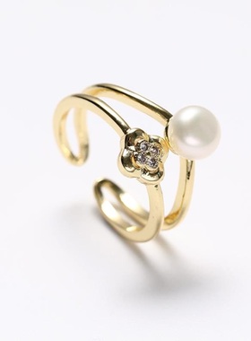 戴拉时尚双层淡水珍珠花朵戒指