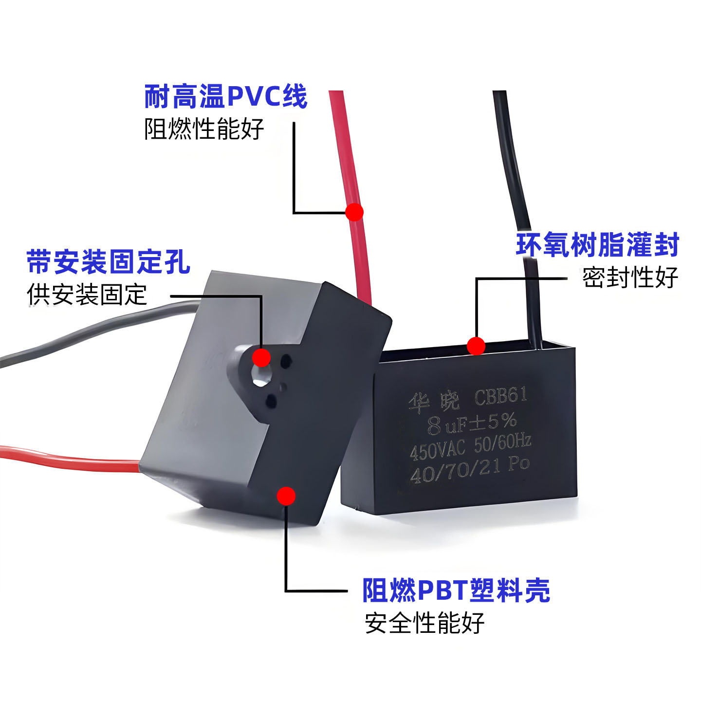 CBB61风扇启动电容吊扇油烟机1.2/1.5/1.8/2/2.2/2.5/3/4/5UF450V - 图0