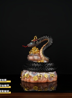 蟒蛇汉白玉堂口聚宝盆灵蛇十二生肖招财摆件真身供奉白蛇神像生肖