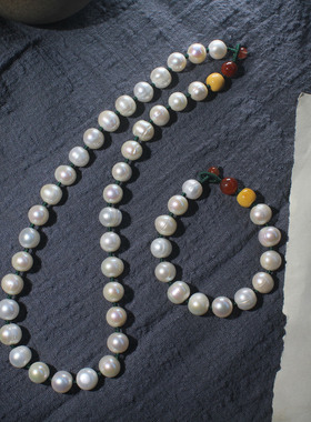 淡水老珍珠南红缅黄编绳项链优雅气质锁骨链套装手链复古宫廷风女