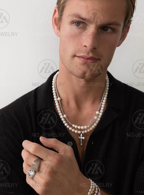 925银十字架淡水珍珠项链时髦男