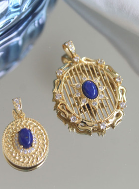 925纯银天然老矿青金石项链吊坠