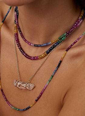 女天然祖母绿彩色蓝宝红宝石项链