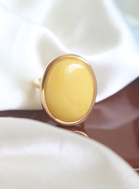 欧货925纯银天然蜜蜡可调节戒指