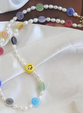 欧美风珍珠笑脸项链童趣琉璃彩色