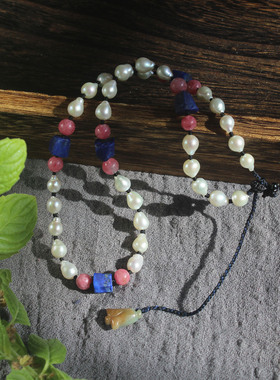 原创青金石蔷薇辉石珍珠毛衣链