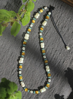 高端天然金虎眼石巴洛克珍珠玛瑙毛衣链项链复古优雅女短款锁骨链