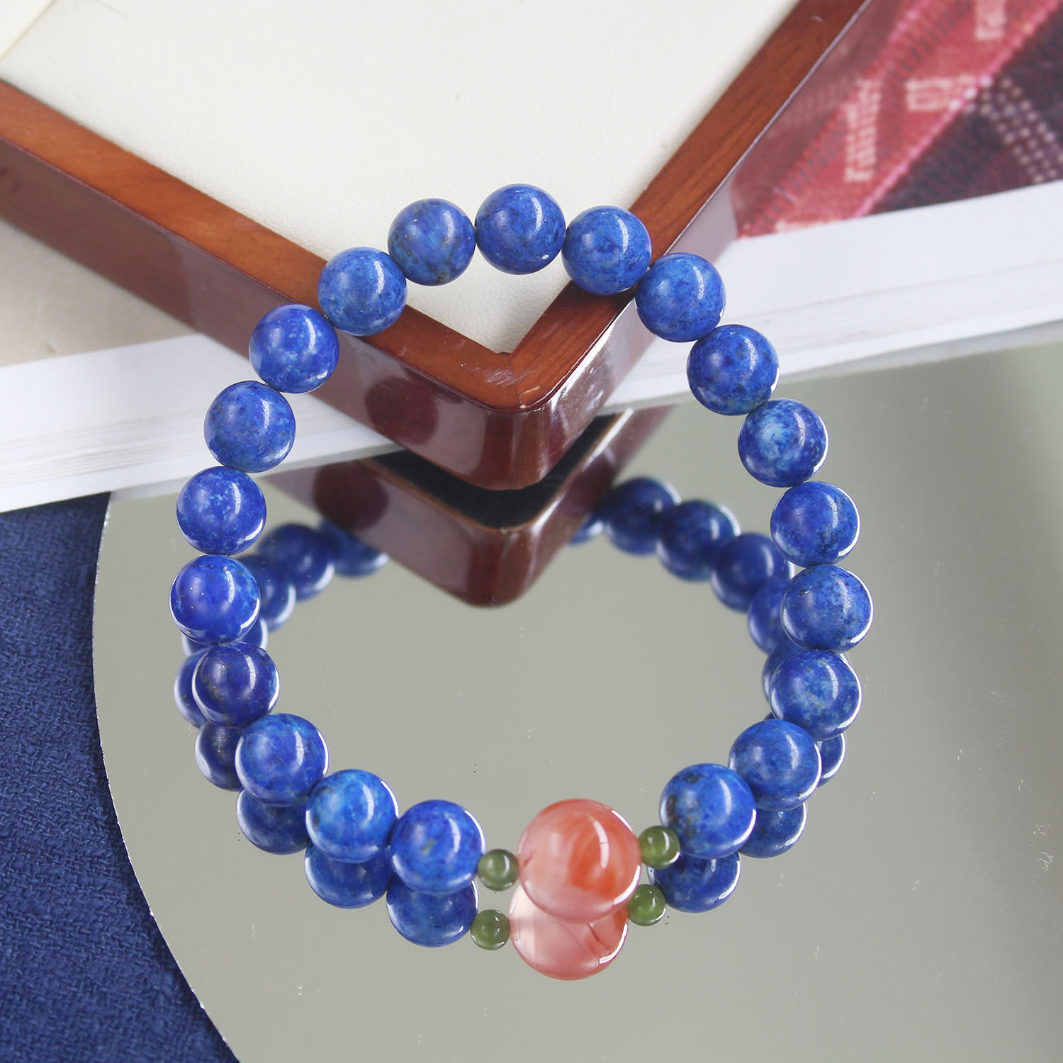 天然老矿青金石南红碧玉手链优雅宫廷复古配饰手串高端弹力转运珠 - 图1