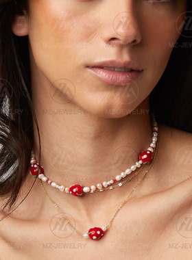 高级感草莓时髦锁骨链巴洛克珍珠