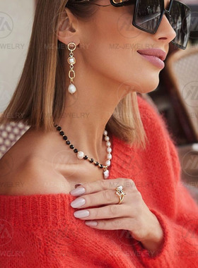 小众黑玛瑙珍珠项链配饰锁骨链