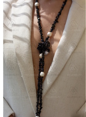 白水晶淡水珍珠时髦配饰项链长款
