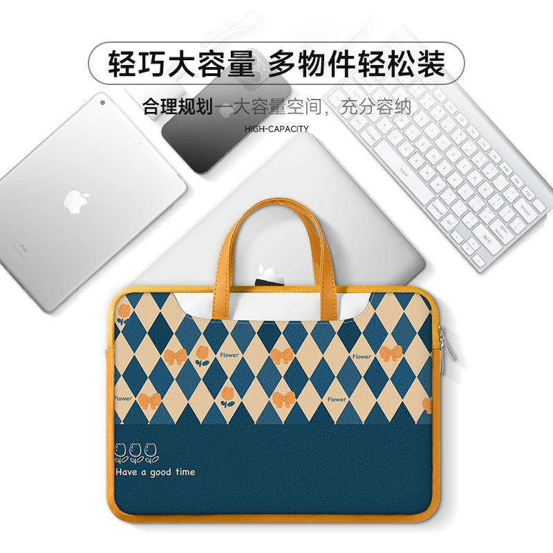 格子笔记本电脑包适用于联想小新Pro14寸内胆包苹果macbookair13.3保护套时尚原创菱形手提包设计小众15点6寸-图0