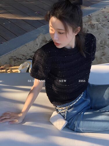 小香风条纹镂空短款针织衫夏季T恤法式黑色针织短袖上衣女 早秋款 - 图1