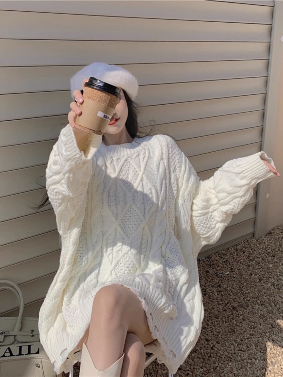 秋冬新款宽松慵懒风麻花毛衣裙搭配靴子的黑色中长款毛衣女遮屁股,淘宝优惠券,粉丝福利购,淘宝优惠卷