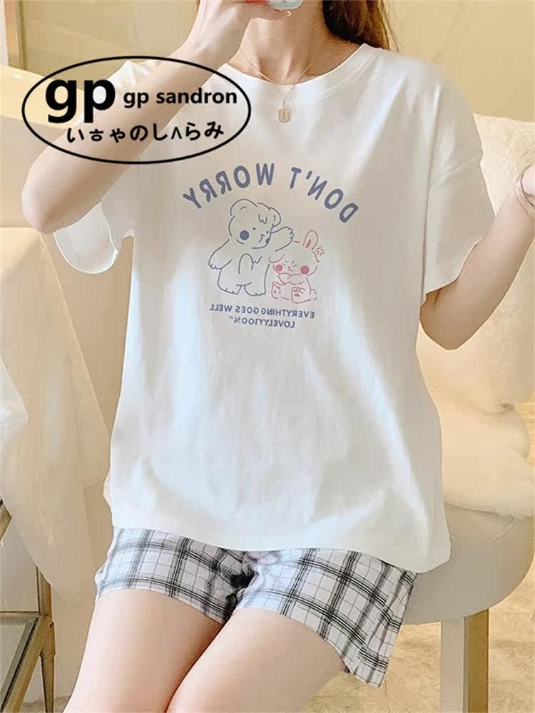 日本小众gp可爱卡通睡衣女夏季薄款纯棉短袖短裤格子老虎家居服套,淘宝优惠券,粉丝福利购,淘宝优惠卷