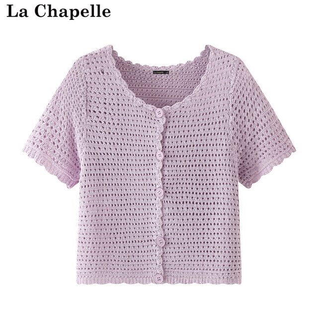 La Chapelle/La Chapelle ລະດູຮ້ອນອອກແບບຄໍຄໍລູກໄມ້ແບບແຂນສັ້ນຮູຂຸມຂົນຖັກແສ່ວບາງໆ