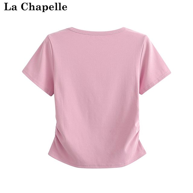 La Chapelle/La Chapelle summer ໃຫມ່ແບບງ່າຍດາຍບ່າຂວາສີ່ຫລ່ຽມຄໍຄໍ slim slim ເສື້ອທີເຊີດແຂນສັ້ນຂອງແມ່ຍິງເທິງ