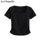 La Chapelle/La Chapelle summer ໃຫມ່ແບບງ່າຍດາຍບ່າຂວາສີ່ຫລ່ຽມຄໍຄໍ slim slim ເສື້ອທີເຊີດແຂນສັ້ນຂອງແມ່ຍິງເທິງ