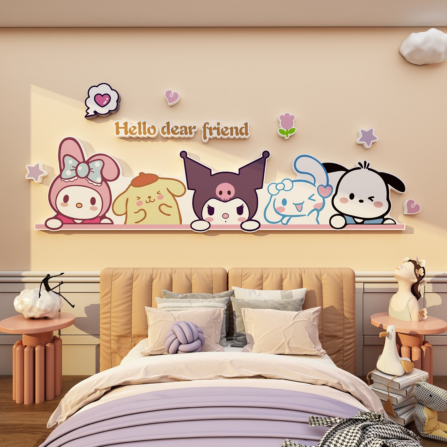 电视机背景墙面装饰三丽鸥库洛米美乐蒂贴纸壁画公主儿童房间布置,淘宝优惠券,粉丝福利购,淘宝优惠卷