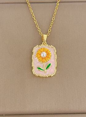 中古风油画项链女滴油彩绘法式花