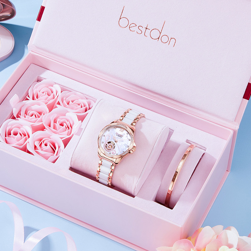 邦顿女士陶瓷全自动女款时尚机械表 邦顿手表国产腕表