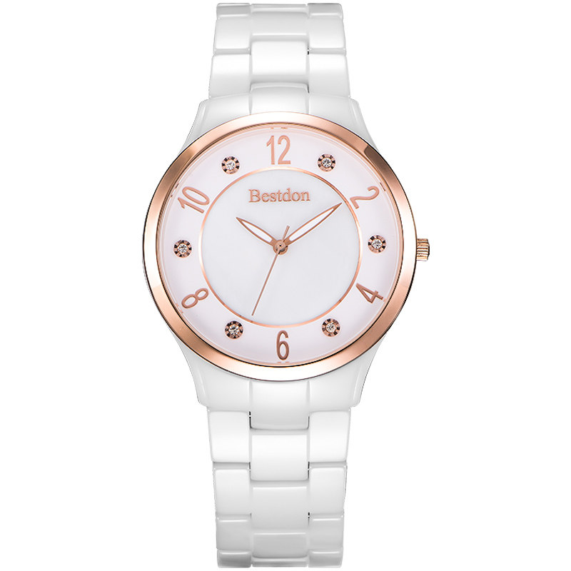 邦顿白色陶瓷女款正品潮流小石英表 邦顿手表国产腕表