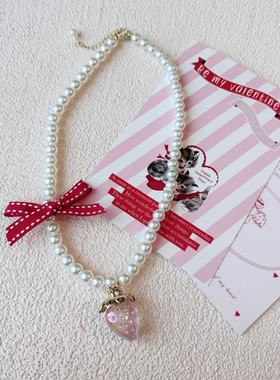 本守造原创草莓蝴蝶结仿珠链项链
