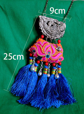 民族风银色鱼形吊坠流苏项链