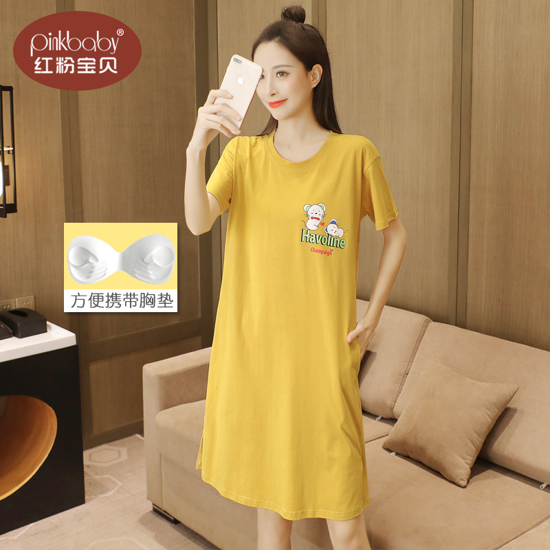 带胸垫夏季短袖纯棉卡通休闲睡裙 红粉宝贝服饰睡裙