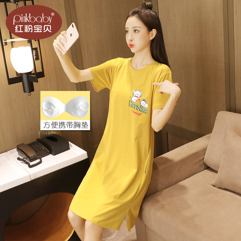 带胸垫夏季短袖纯棉卡通休闲睡裙 红粉宝贝服饰睡裙
