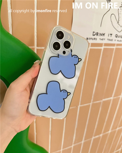 自制韩国ins新款卡通可爱小众涂鸦蓝色小鸟气囊支架iPhone15pro14plus13promax12xs17透明手机壳可挂绳16 - 图1