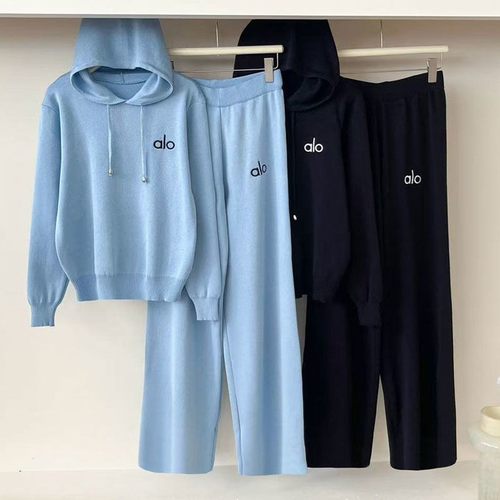 时尚连帽抽绳休闲运动潮字母秋冬新款女毛衣上衣阔腿裤针织两件套 - 图1