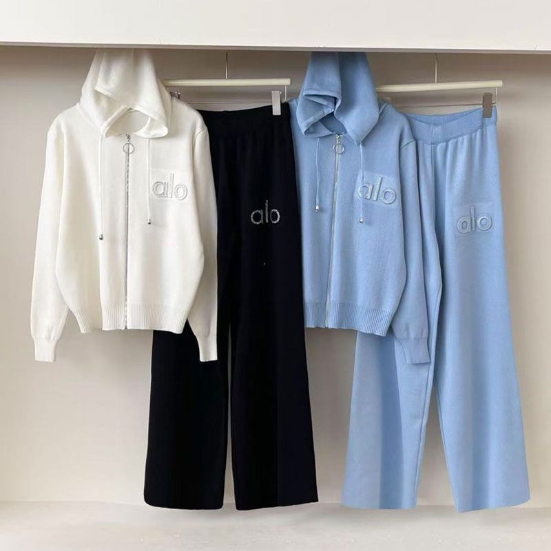 秋冬女新款休闲运动连帽宽松字母拉链开衫外套阔腿裤针织两件套装 - 图0