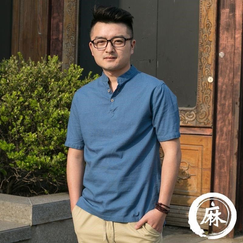 亚麻短袖男t恤夏季宽松薄款中国风休闲中式复古男装立领棉麻上衣