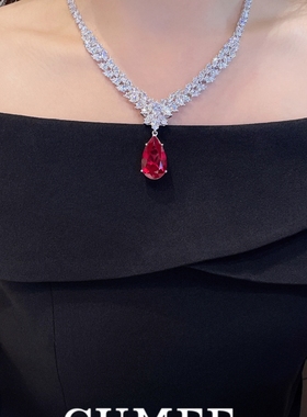 晚宴贵气款 水滴款喜婆婆大克拉满钻培育合成红宝石套装.银镀金