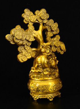 批发黄铜金钱树貔貅发财树摆件精工貔貅瑞兽金钱树家居办公摆设