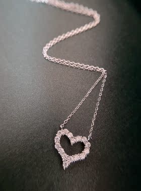 14k白金au585培育金刚钻石进口白闪满钻爱心坠项链T小号永久保色