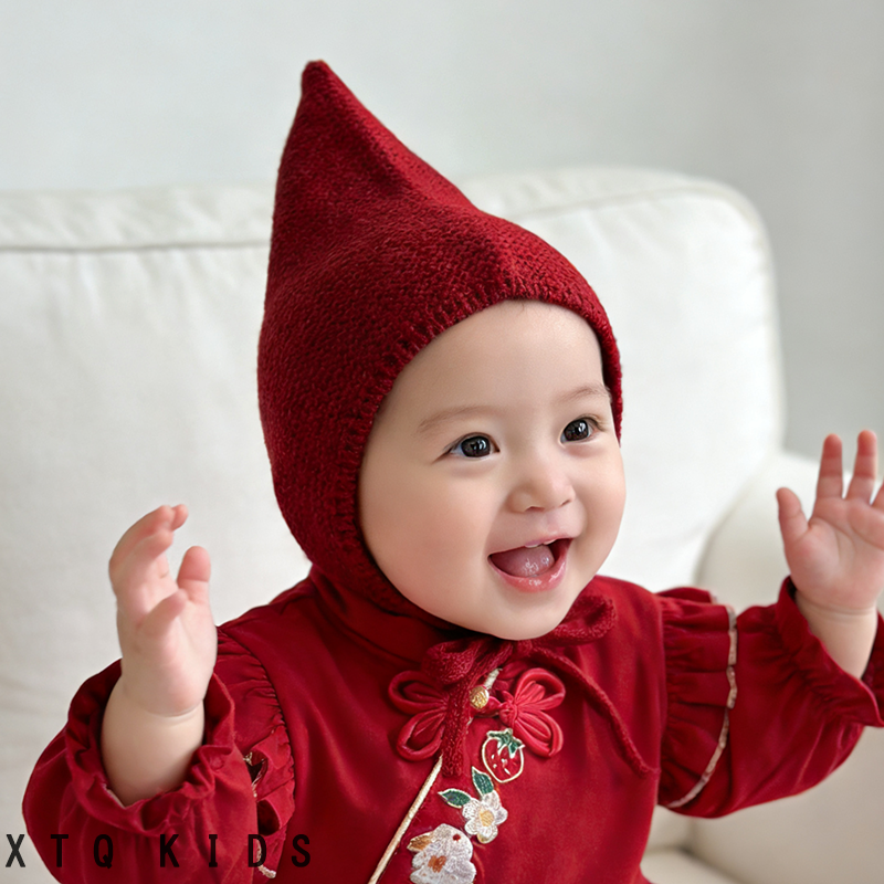 婴儿帽子秋冬季可爱超萌男女童宝宝毛线针织护耳帽红色尖尖巫师帽,淘宝优惠券,粉丝福利购,淘宝优惠卷