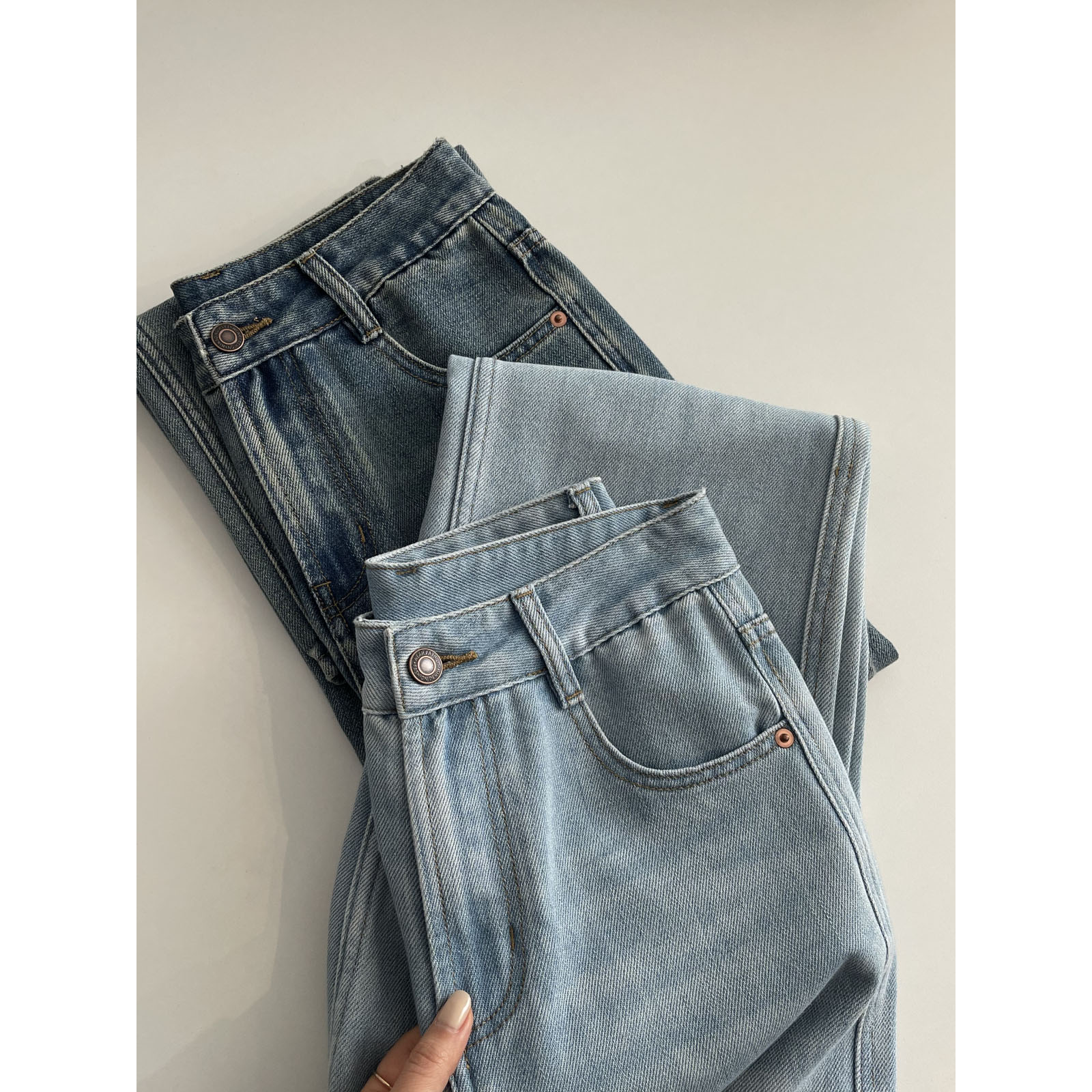 夏天很好穿的玉冰晶牛仔裤 冰爽透气韩版百搭显瘦直筒牛仔拖地裤 - 图1